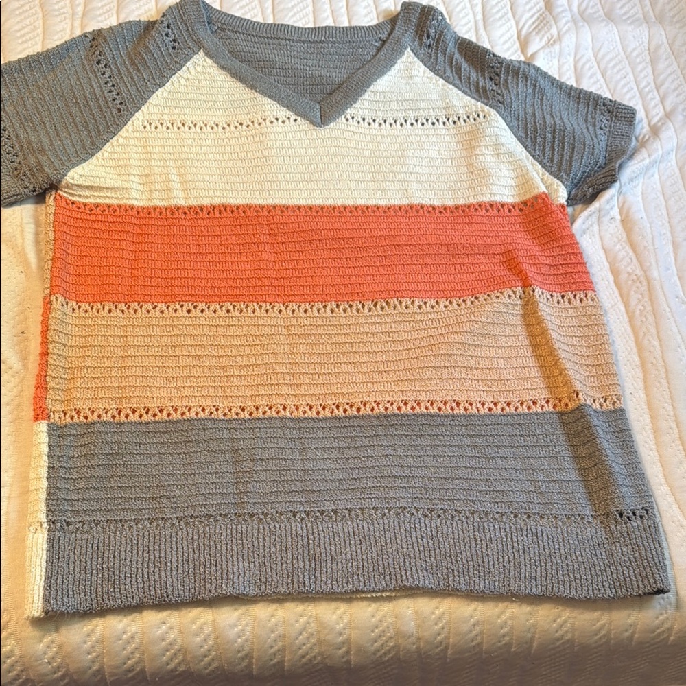 Striped V-Neck Sweater - Gray, Coral, Cream